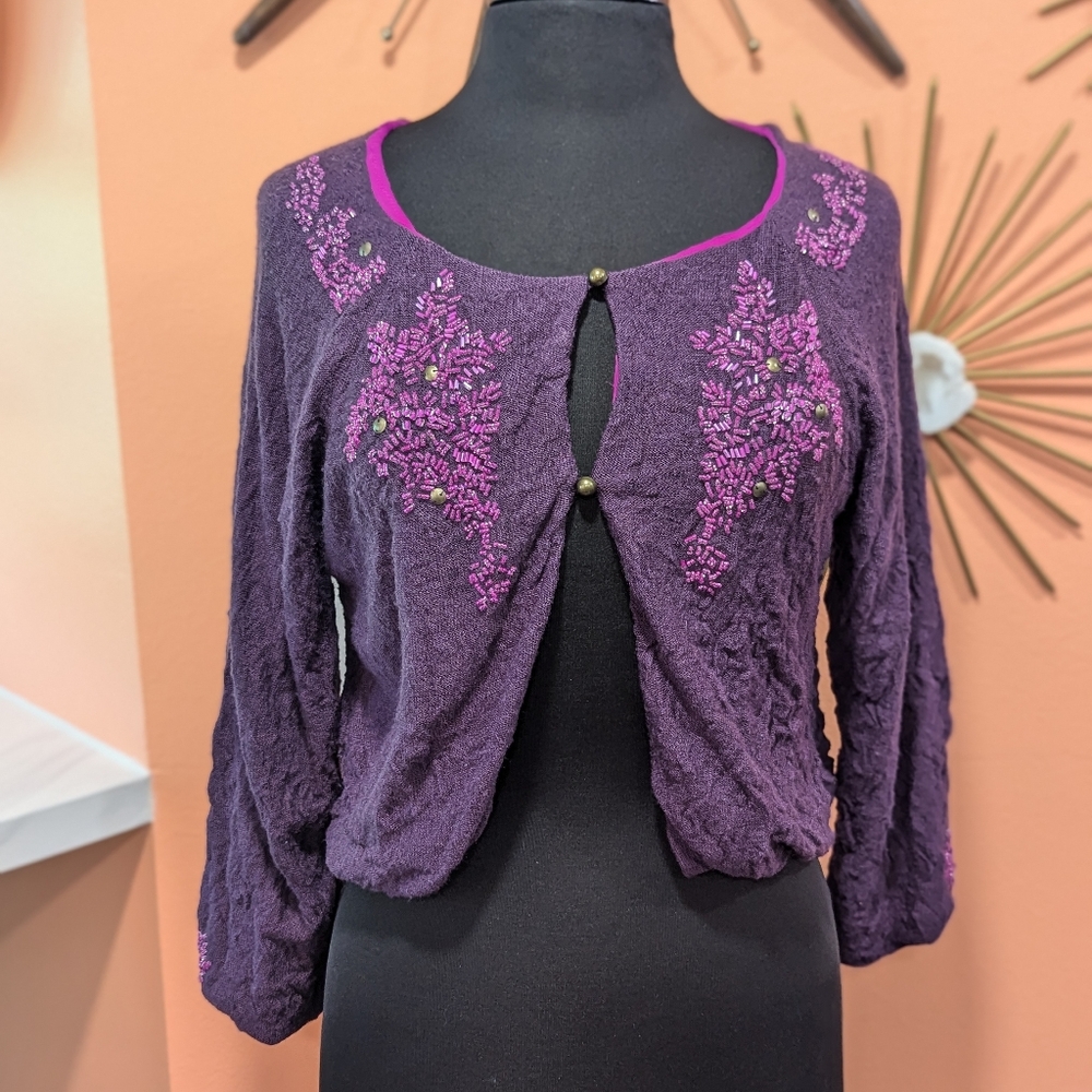 Free People Small? Purple Wool Blend Crop Cardigan Sweater Beaded Twee Bolero